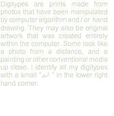 Digitypes are prints made from photos that have been manipulated by computer algorithm and / or hand drawing. They may also be original artwork that was created entirely within the computer. Some look like a photo from a distance, and a painting or other conventional media up close. I identify all my digitypes with a small "W " in the lower right hand corner.